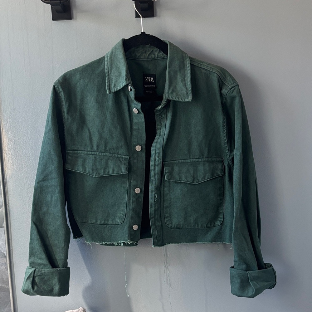 Zara Women's Forest Green Cropped Denim Jacket